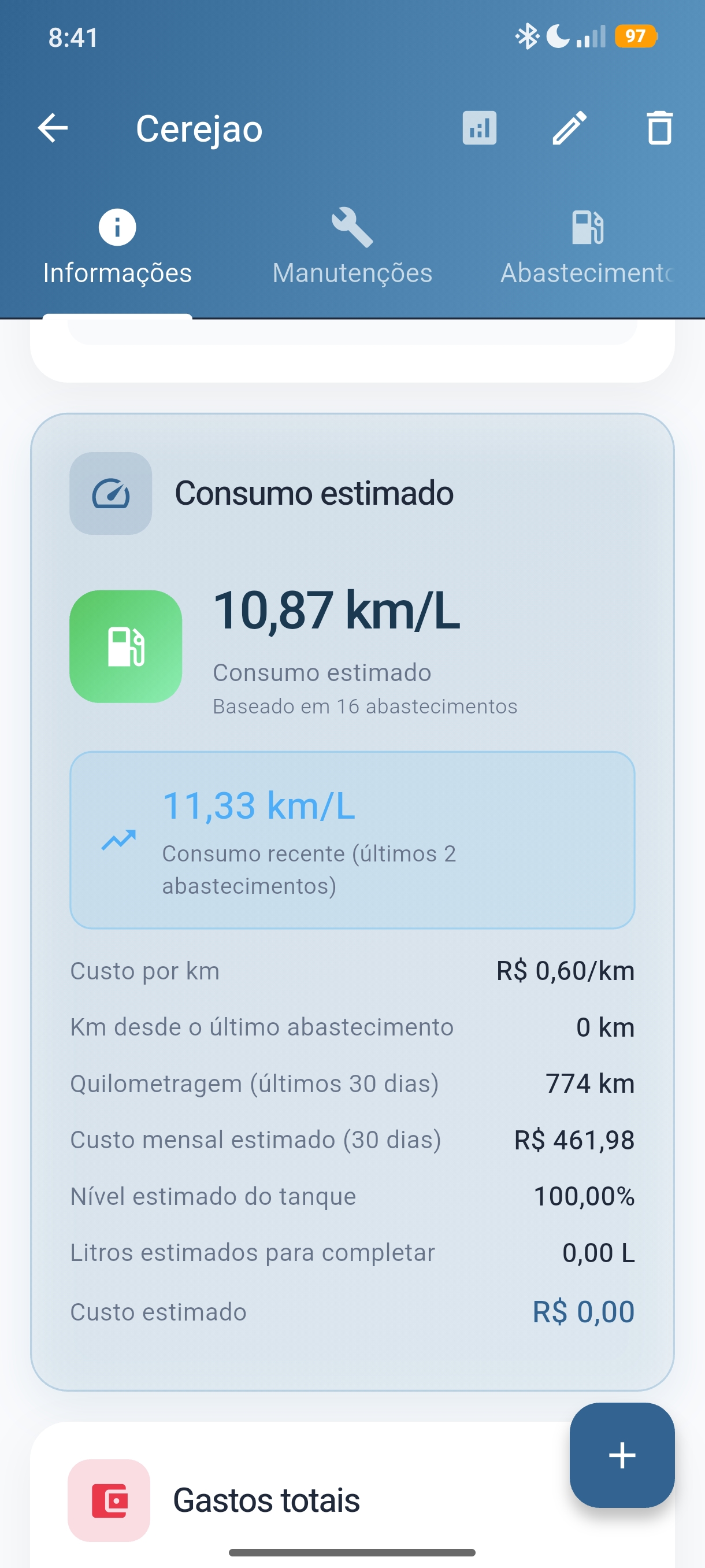 Detalhes de consumo estimado e custo por quilômetro no AutoVida
